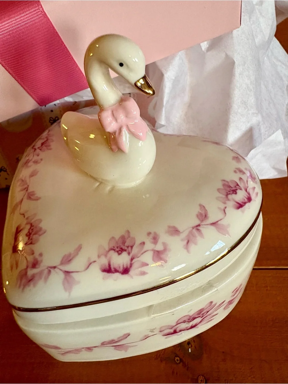 Porcelain Swan Heart Jewelry Trinket With Gift Box, Pink Floral Romantic Gift